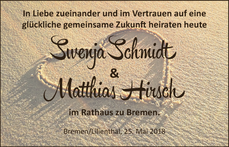 Hochzeitsanzeige von Swenja Schmidt von WESER-KURIER