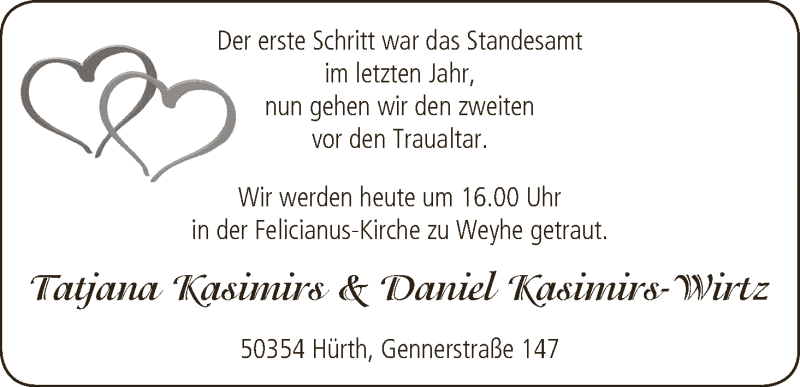 Hochzeitsanzeige von Tatjana Kasimirs von Regionale Rundschau/Syker Kurier