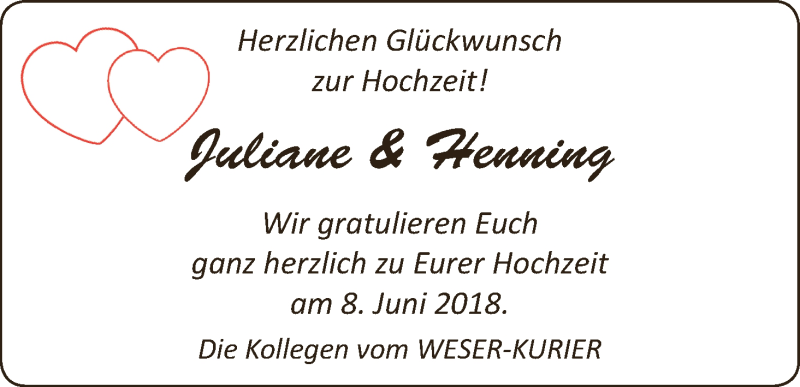 Hochzeitsanzeige von Juliane  von WESER-KURIER