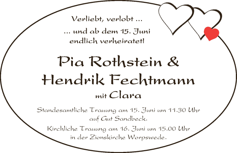 Hochzeitsanzeige von Pia  Rothstein von Osterholzer Kreisblatt