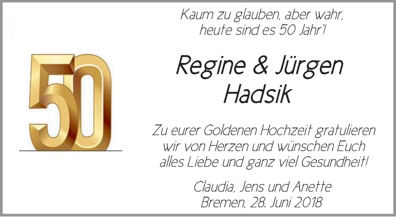 Hochzeitsanzeige von Regine Hadsik von WESER-KURIER