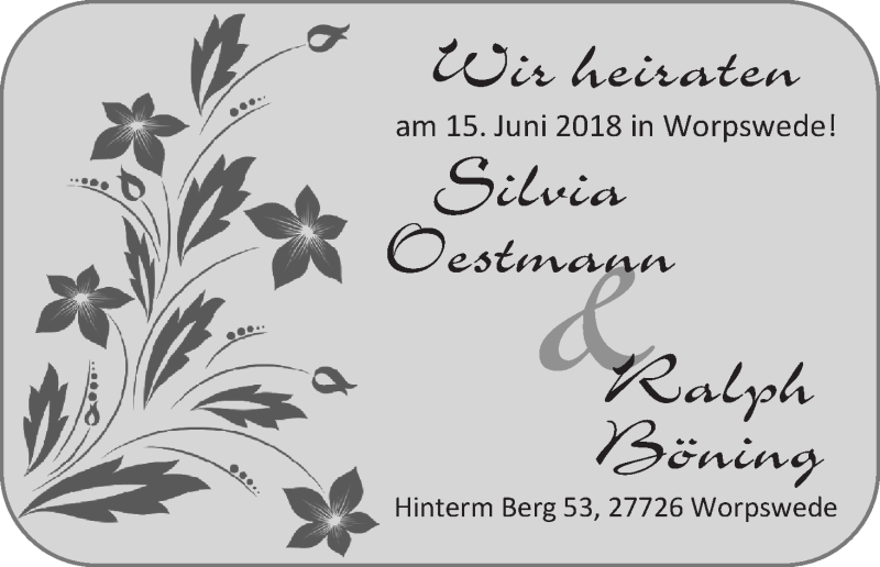 Hochzeitsanzeige von Silvia Oestmann von Wuemme Zeitung