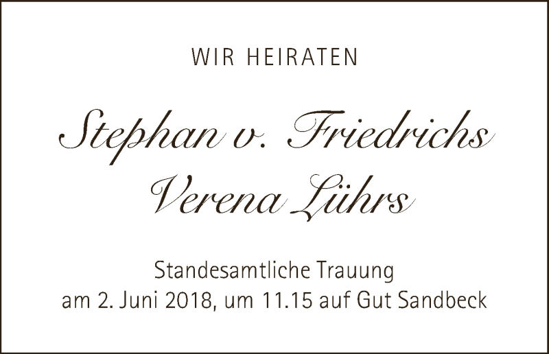 Hochzeitsanzeige von Stephan v. Friedrichs von WESER-KURIER