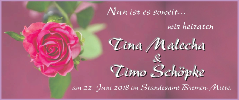Hochzeitsanzeige von Tina Malecha von WESER-KURIER