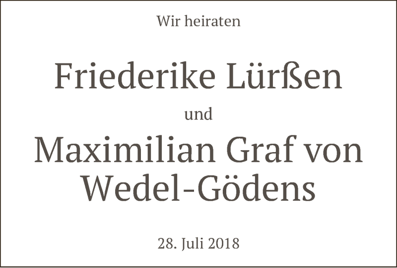 Hochzeitsanzeige von Friederike Lürßen von WESER-KURIER