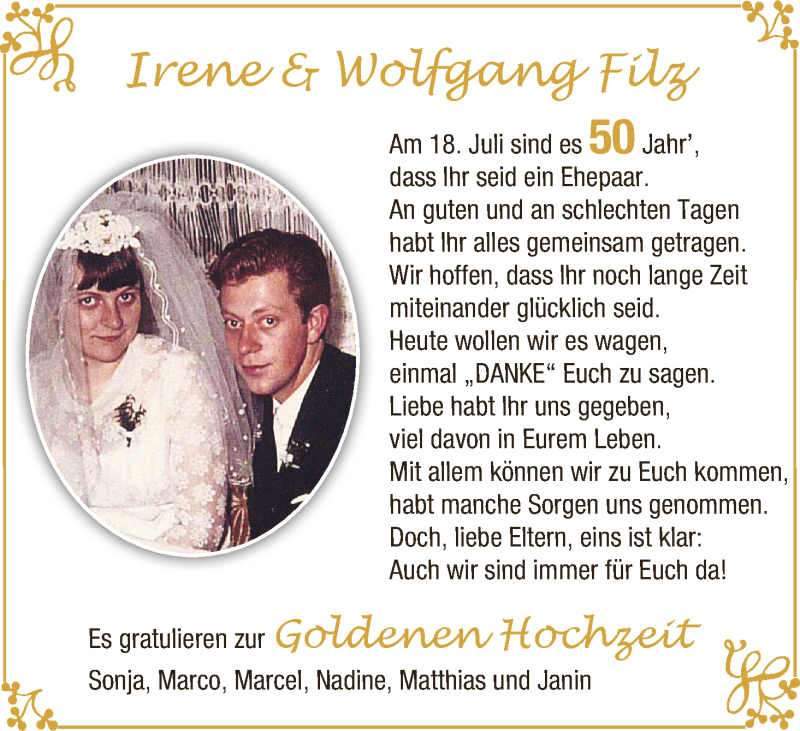 Hochzeitsanzeige von Irene Filz von Osterholzer Kreisblatt