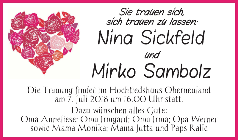 Hochzeitsanzeige von Nina Sickfeld von WESER-KURIER
