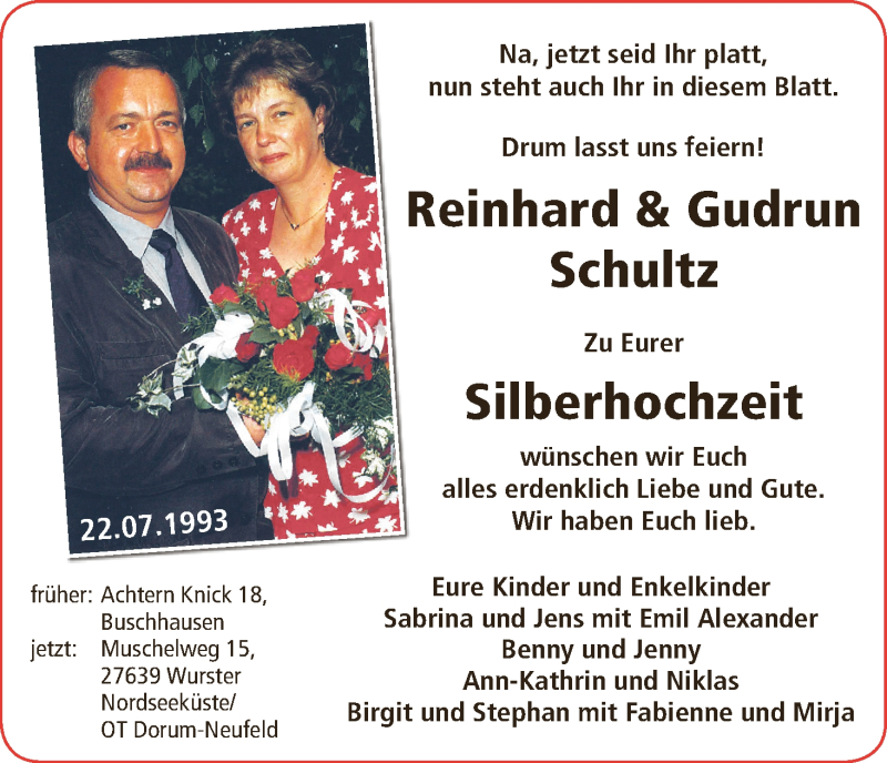 Hochzeitsanzeige von Reinhard Schultz von Osterholzer Kreisblatt