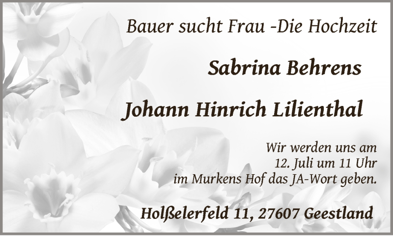 Hochzeitsanzeige von Sabrina Behrens von Wuemme Zeitung