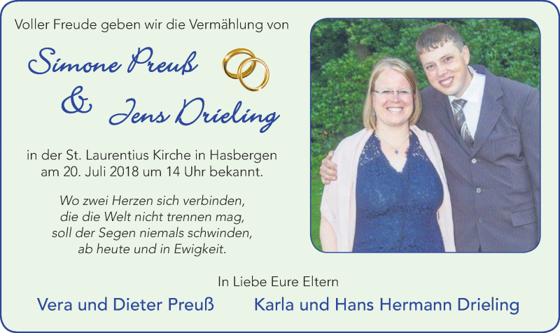 Hochzeitsanzeige von Simone Preuß von Die Norddeutsche