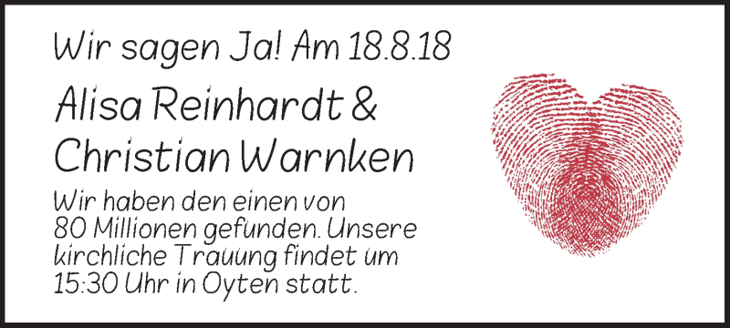 Hochzeitsanzeige von Alisa Reinhardt von WESER-KURIER