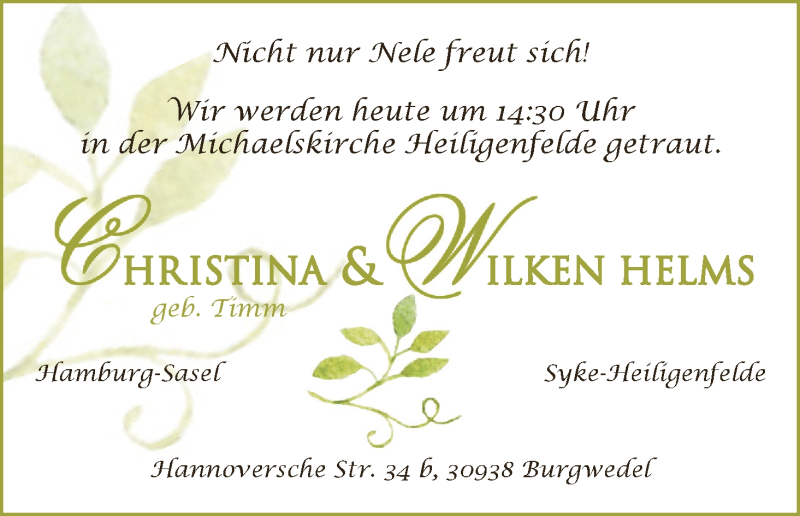 Hochzeitsanzeige von Christina Helms von Regionale Rundschau/Syker Kurier
