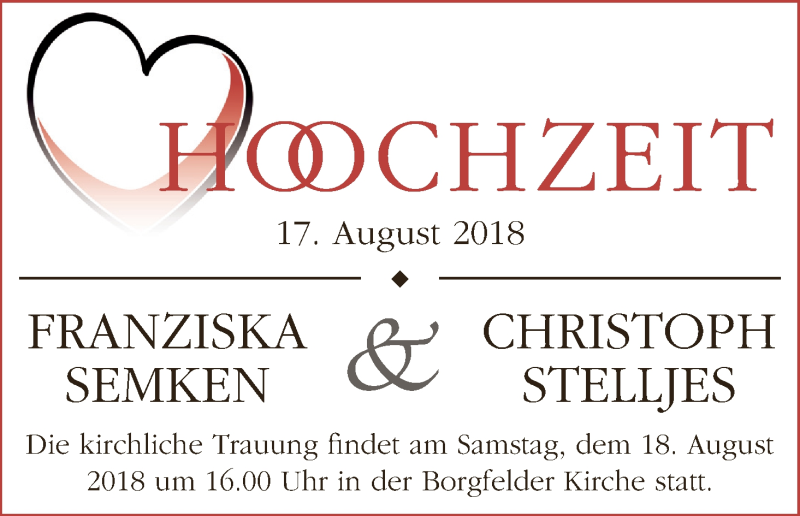 Hochzeitsanzeige von Franziska Semken von Wuemme Zeitung