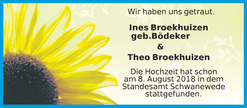 Hochzeitsanzeige von Ines Broekhuizen von WESER-KURIER