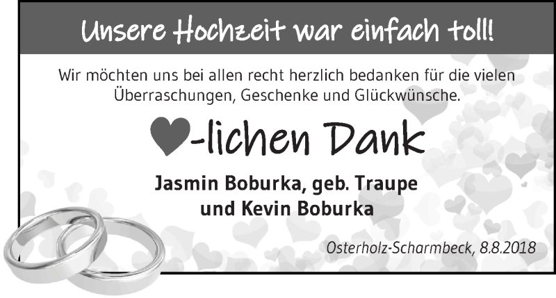 Hochzeitsanzeige von Jasmin Boburka von Osterholzer Kreisblatt