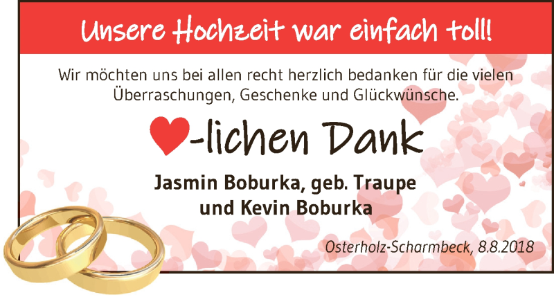 Hochzeitsanzeige von Jasmin Boburka von Osterholzer Kreisblatt