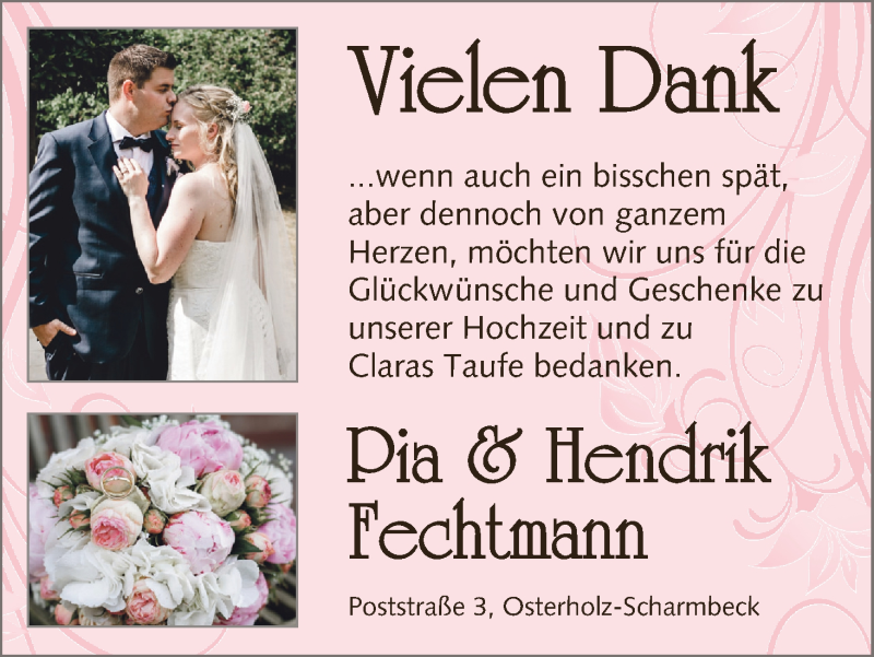 Hochzeitsanzeige von Pia Fechtmann von Osterholzer Kreisblatt