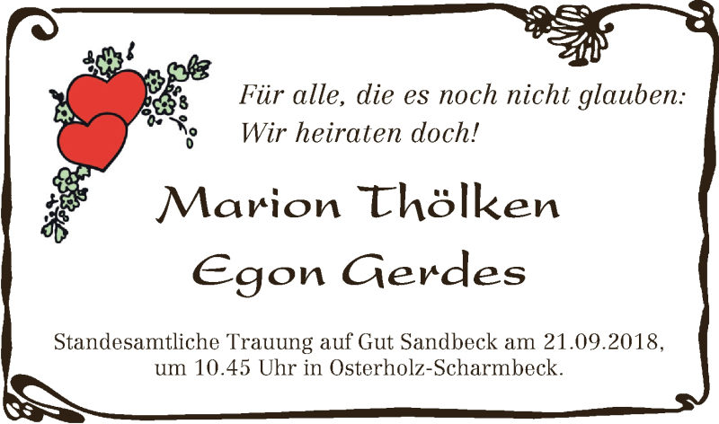 Hochzeitsanzeige von Marion Thölken von Osterholzer Kreisblatt