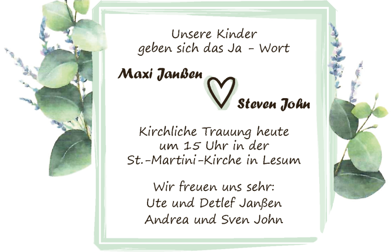 Hochzeitsanzeige von Maxi Janßen von WESER-KURIER