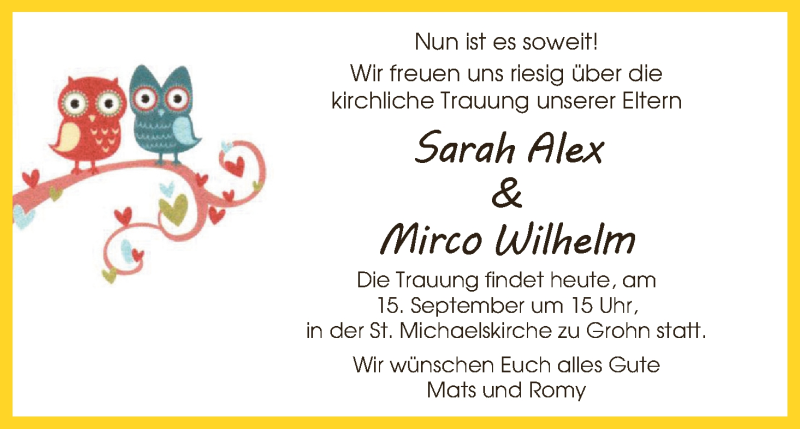 Hochzeitsanzeige von Sarah Alex von Die Norddeutsche