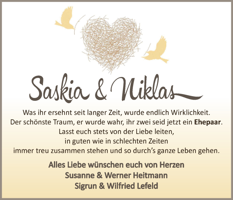 Hochzeitsanzeige von Saskia  von Wuemme Zeitung