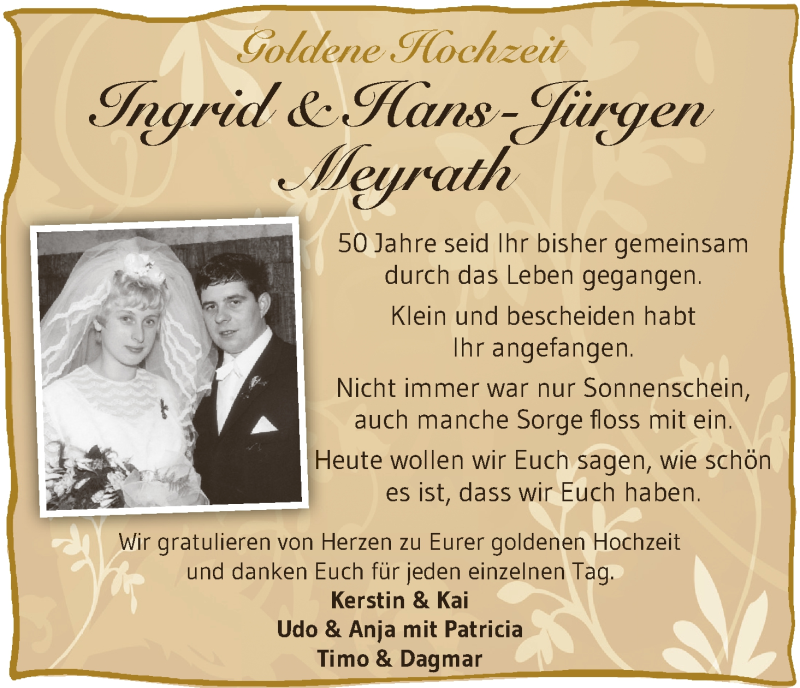 Hochzeitsanzeige von Ingrid Meyrath von Wuemme Zeitung