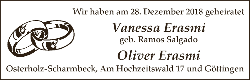 Hochzeitsanzeige von Vanessa Erasmi von Osterholzer Kreisblatt