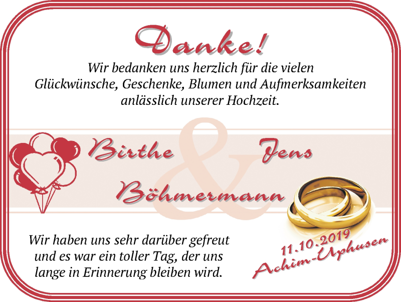 Hochzeitsanzeige von Birthe Böhmermann von Achimer Kurier/Verdener Nachrichten