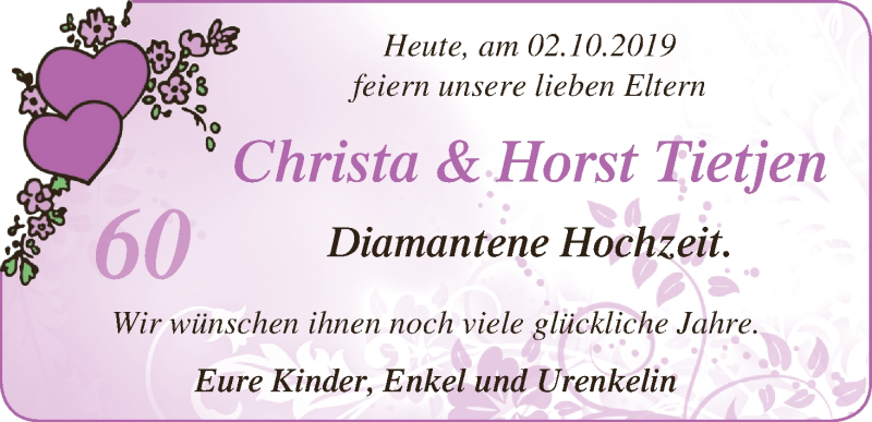 Hochzeitsanzeige von Christa Tietjen von Osterholzer Kreisblatt