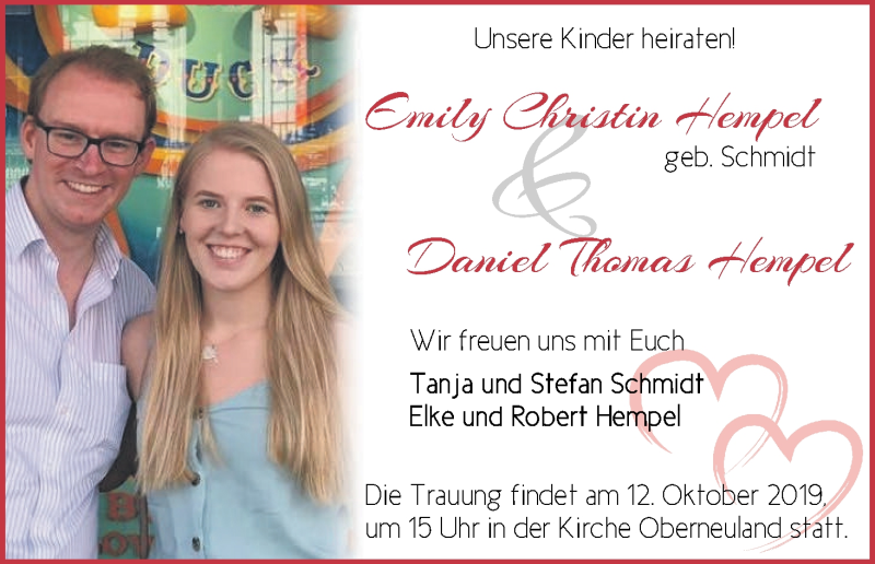 Hochzeitsanzeige von Emily Christin Hempel von WESER-KURIER