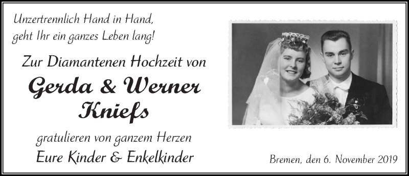 Hochzeitsanzeige von Gerda Kniefs von WESER-KURIER
