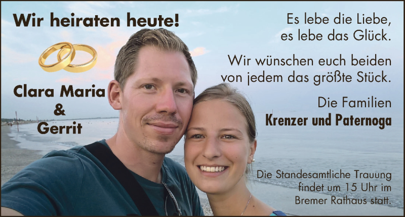 Hochzeitsanzeige von Clara Maria  von WESER-KURIER
