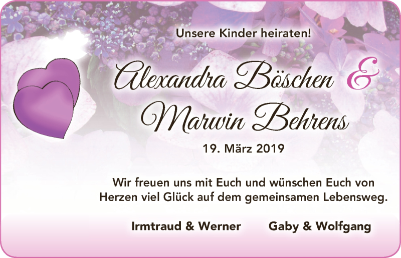 Hochzeitsanzeige von Alexandra Böschen von Wuemme Zeitung