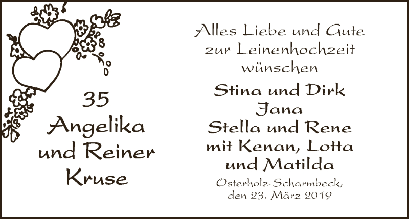 Hochzeitsanzeige von Angelika Kruse von Osterholzer Kreisblatt