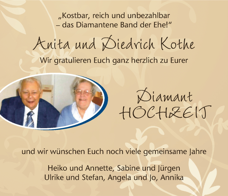 Hochzeitsanzeige von Anita Kothe von Wuemme Zeitung