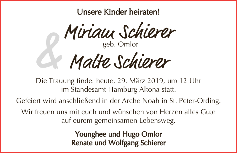 Hochzeitsanzeige von Miriam Schierer von WESER-KURIER