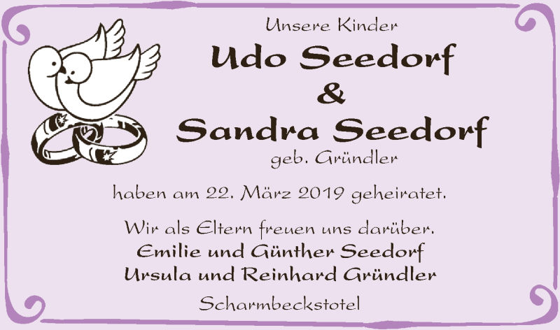 Hochzeitsanzeige von Sandra Seedorf von Osterholzer Kreisblatt