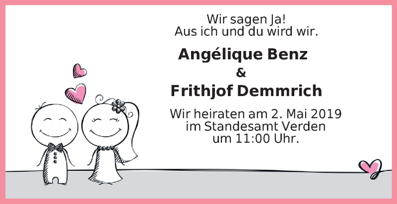 Hochzeitsanzeige von Angelique Benz von Achimer Kurier/Verdener Nachrichten