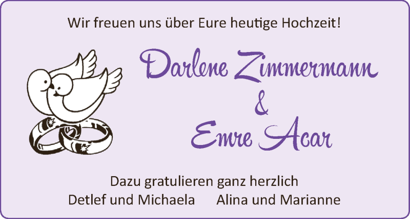 Hochzeitsanzeige von Darlene Zimmermann von Osterholzer Kreisblatt