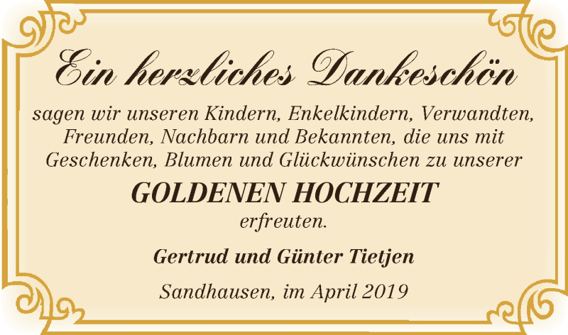 Hochzeitsanzeige von Gertrud Tietjen von Osterholzer Kreisblatt