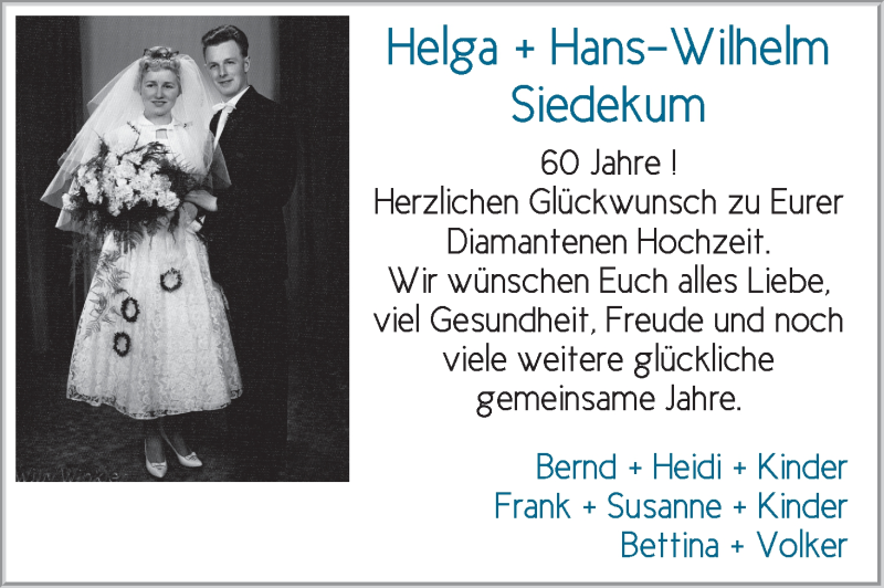 Hochzeitsanzeige von Helga Siedekum von WESER-KURIER