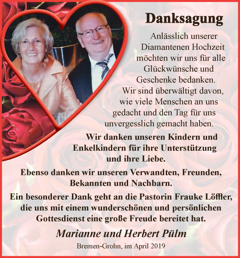 Hochzeitsanzeige von Marianne Pülm von Die Norddeutsche