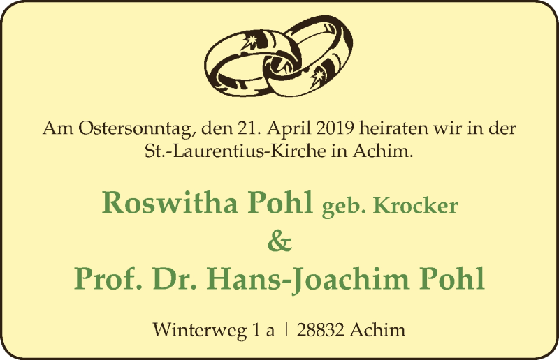 Hochzeitsanzeige von Roswitha Pohl von Achimer Kurier/Verdener Nachrichten