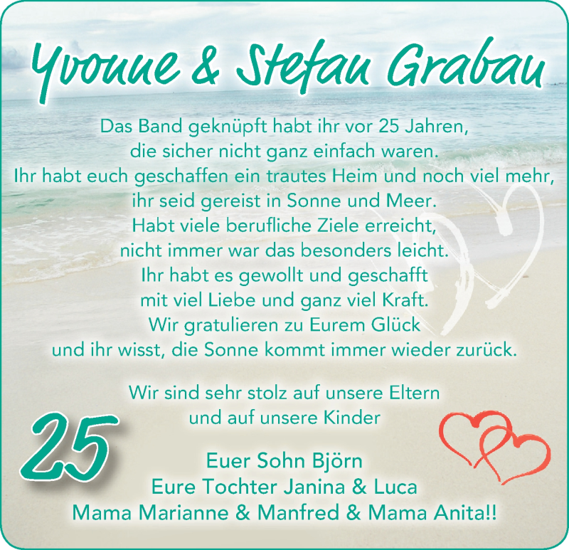 Hochzeitsanzeige von Yvonne Grabau von Wuemme Zeitung