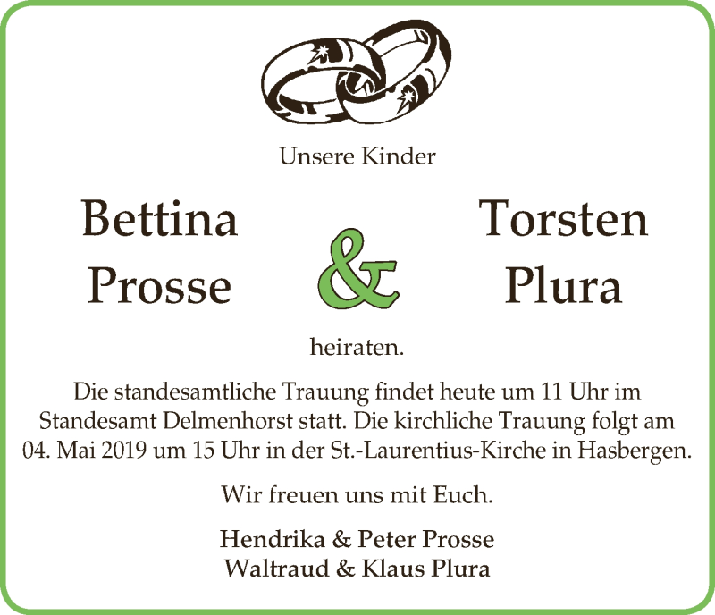 Hochzeitsanzeige von Bettina Prosse von Delmenhorster Kurier