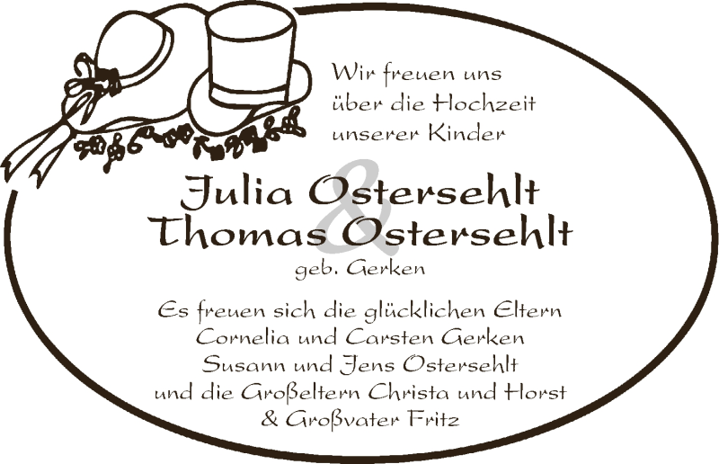 Hochzeitsanzeige von Julia Ostersehlt von Osterholzer Kreisblatt