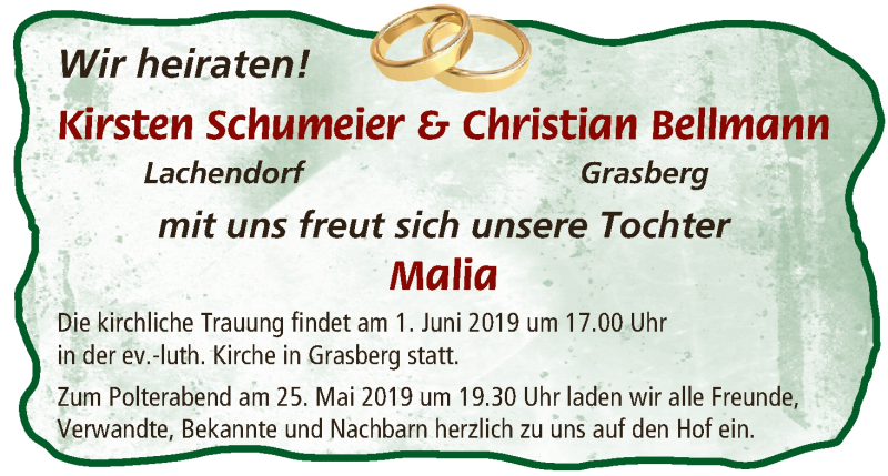 Hochzeitsanzeige von Kirsten Schumeier von Wuemme Zeitung