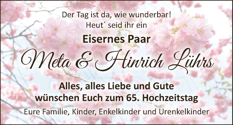 Hochzeitsanzeige von Meta Lührs von Wuemme Zeitung