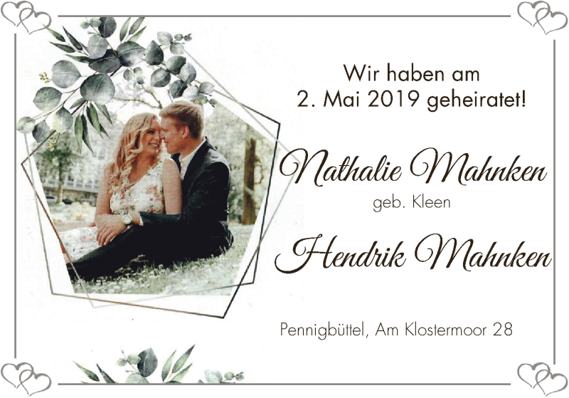 Hochzeitsanzeige von Nathalie Mahnken von Osterholzer Kreisblatt