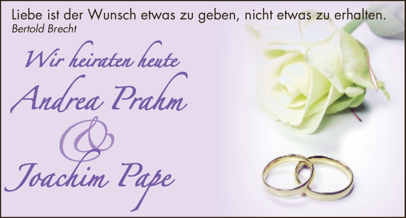 Hochzeitsanzeige von Andrea Prahm von Wuemme Zeitung